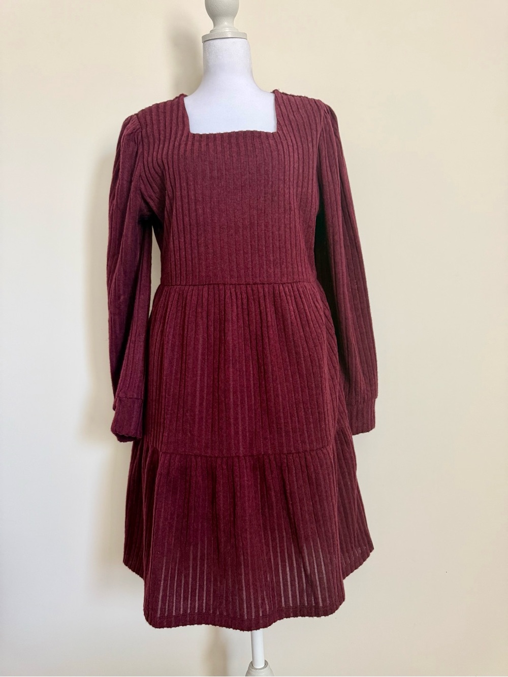 Frye Ribbed Square-Neck Tiered Dress - Burgundy size large NWT